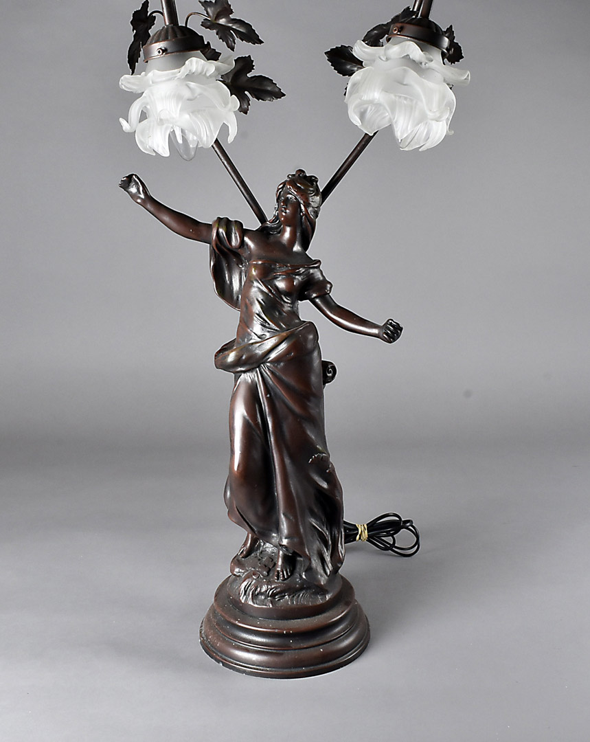 A continental figural table lamp, modelled as an art nouveau maiden supporting two large branches