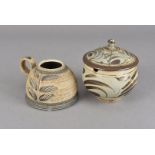 A St Ives stoneware pottery sugar bowl and cover, the ash glaze with iron oxide painted design, with