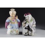 A continental porcelain figural tobacco jar and cover, modelled as a European woman dressed in the