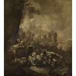 A 19th century Dresden aquatint, of farm animals and figure sheltering in classical ruins, plus