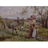 Myles Birket Foster (1825-1899) watercolour, mother with children and donkey, beside stile in