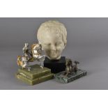 A Bronze hippocampus mythological bronze group 11 cm L, on black marble base, together with a