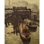 Millicent E. Ayrton M.B.E R.C.A. (1913-2000), oil on board industrial painting of the barges