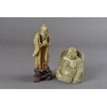 A carved soapstone figure of laughing Buddha, 9.5 cm high together with a soapstone figure of a sage