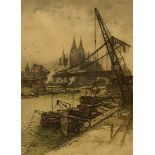 Luigi Kasimir (Austrian 1881-1962), etching and colour aquatint of Cologne harbour [dated 7 May 1934