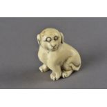 A Meiji period signed Japanese ivory netsuke, modelled as a pug dog, seated, indistinctly signed
