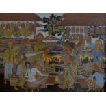 A large pair of Indonesian batik fabric framed pictures, one depicting figures within a landscape,