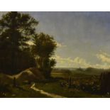 A 19th century British or European school oil on canvas pastoral landscape, with a fence leading