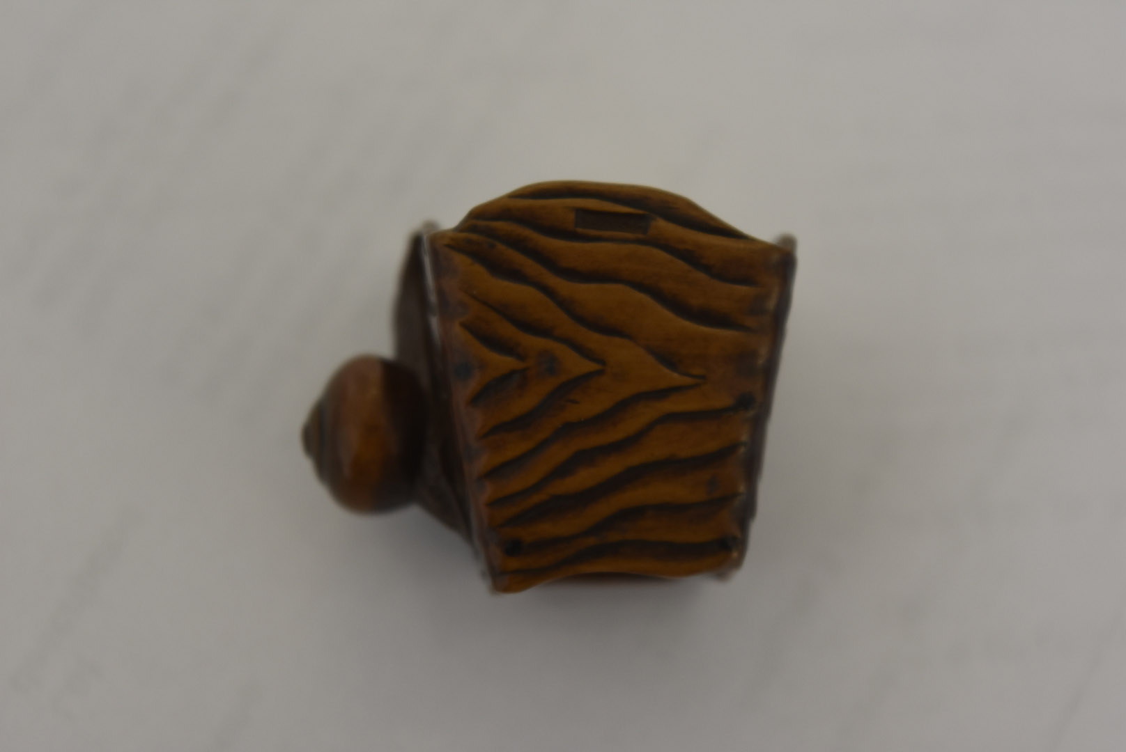 A Meiji period Japanese signed carved wood netsuke, modelled as a gong with large snail to one - Image 3 of 6