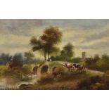 A late 19th/early 20th century English school oil on canvas landscape, of a cowherd driving cattle