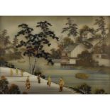 A pair of Japanese Meiji period diorama wall hangings, the panels inlaid with mother of pearl and
