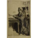 S Van Abbie, or similar, 1900's etching, of seated barrister with annotations and signed, 33 cm x 20