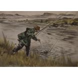 A Henry Wilkinson colour lithograph 'Fly-fishing', limited edition 32/150 and signed in pencil to