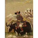 A pair of woolwork pictures, possibly Nepalese, depicting a gentleman on a yak and another on a