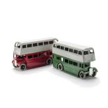 Early Post-War Dinky Toys 29c Double Decker Bus, two examples, first red/grey body, second green/