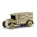 A Wells Tinplate Clockwork Ambulance, white detailed tin printed body, balloon tyres, white