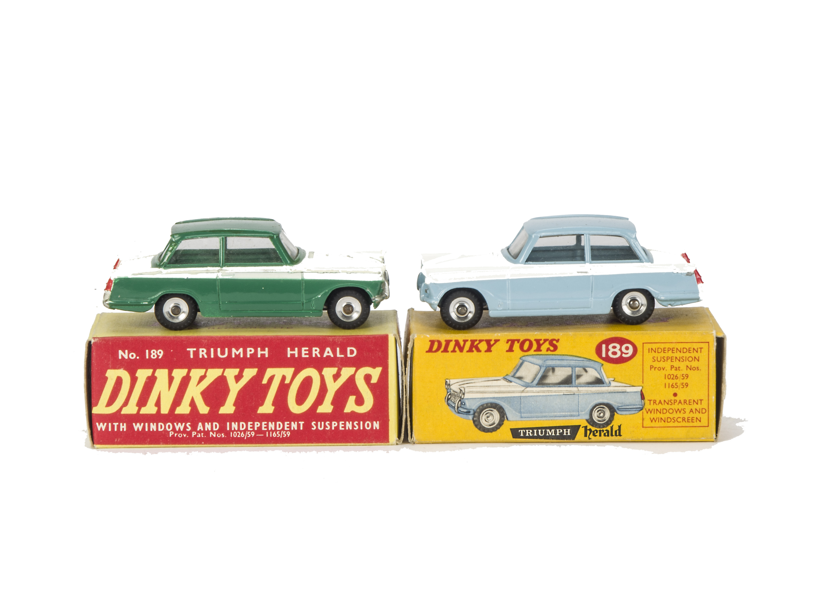 Dinky Toys 189 Triumph Herald, two examples, first light blue/white, second dark green/white, both