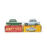 Dinky Toys 189 Triumph Herald, two examples, first light blue/white, second dark green/white, both