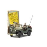 Arnold Tinplate Clockwork 2500 Jeep, in military green with three figures including Radio