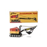 A Tekno 860 Akerman 700 Excavator, orange/yellow body, black jib and scoop, grey plastic wheels,