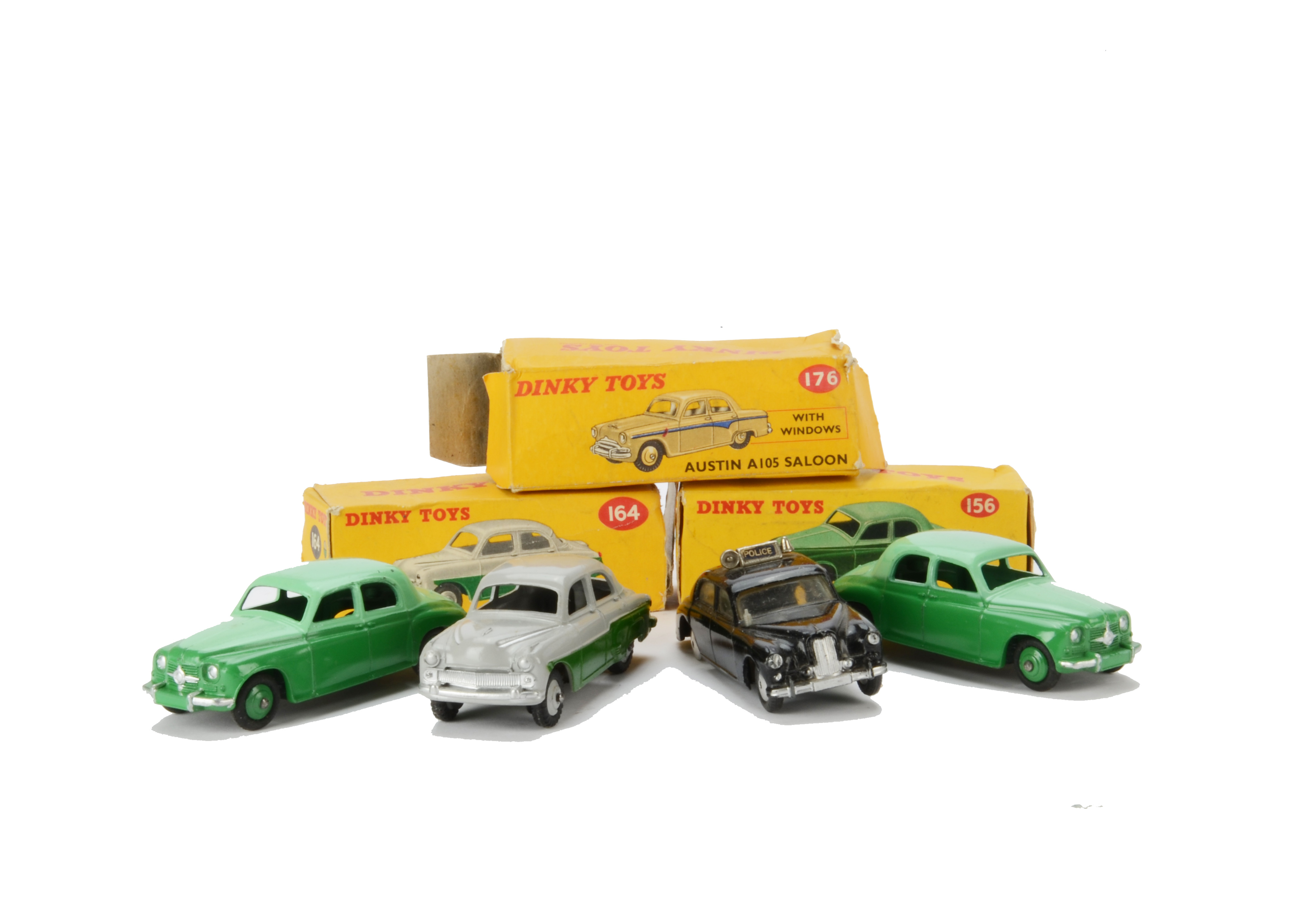 Dinky Toy Cars, 156 Rover 75 Saloon, two-tone green body, 164 Vauxhall Cresta Saloon, grey upper,
