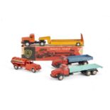 A Tekno 861 Scania Vabis Low Loader, orange cab, yellow low loader, silver hubs, in original box,