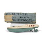 A Sutcliffe clockwork tin Bluebird Speedboat, light green hull, cream deck with red and orange