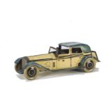 Early Post-War Mettoy Tinplate Clockwork Limousine, cream body, blue chassis and roof, driver, fixed