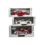 Three UT Models 1:18 Scale Porsche Sports Cars, 27833 red Porsche 911 GT2 993, 180 966600 white