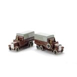 Early Post-War Dinky Toys 25s Six-Wheeled Wagon, two examples, both brown body, grey tilt, black