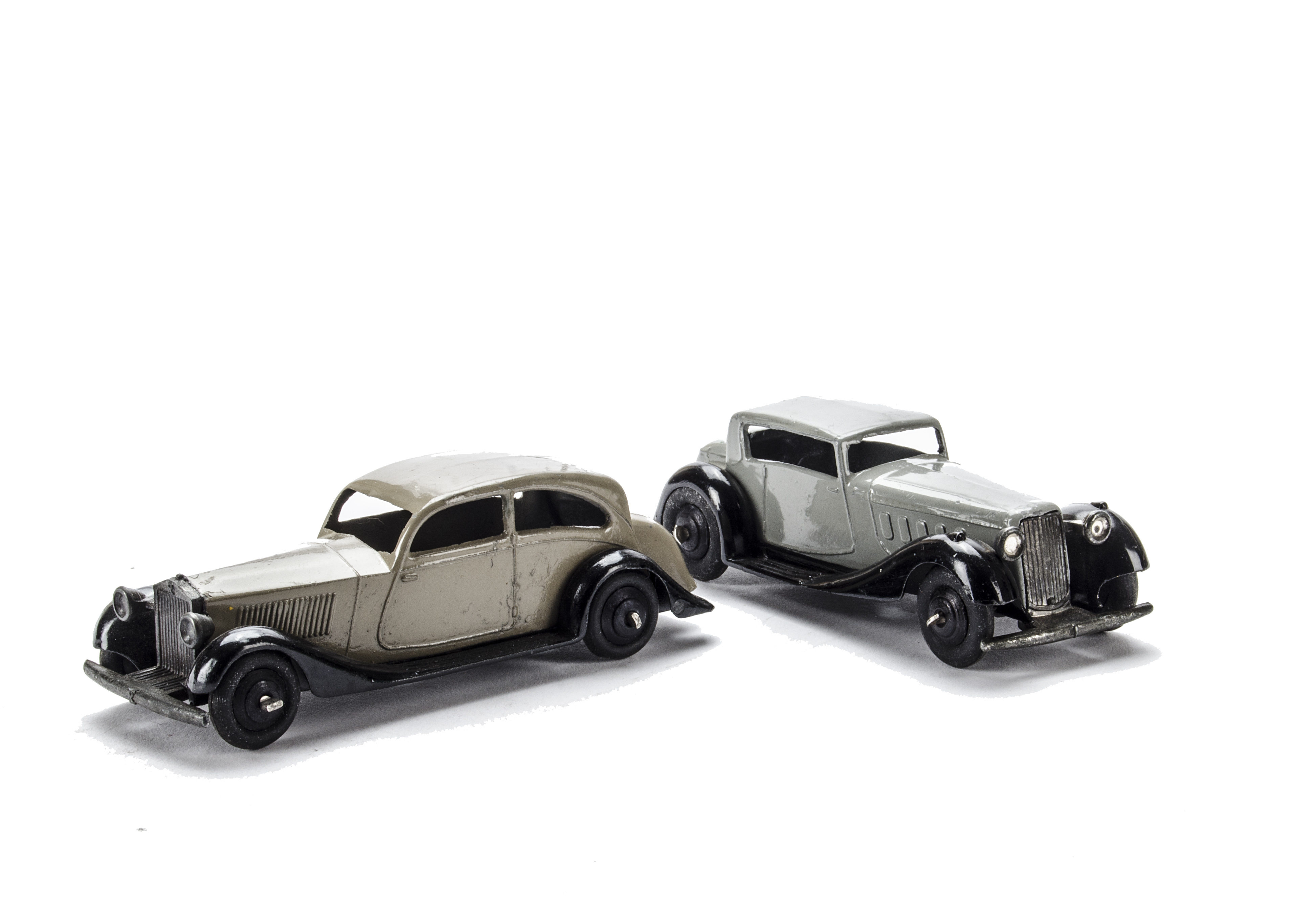 Dinky Toys 30b Rolls-Royce, fawn body, black plain chassis, black smooth hubs, VG, 36c Humber Vogue,