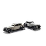 Dinky Toys 30b Rolls-Royce, fawn body, black plain chassis, black smooth hubs, VG, 36c Humber Vogue,