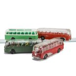 Mettoy Plastic Buses, three large friction drive buses, one in uncommon green , others in red, all