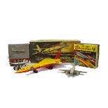 A Marx Toys Friction Drive Plastic Stratojet, yellow/red, Marx tinplate battery-operated Four