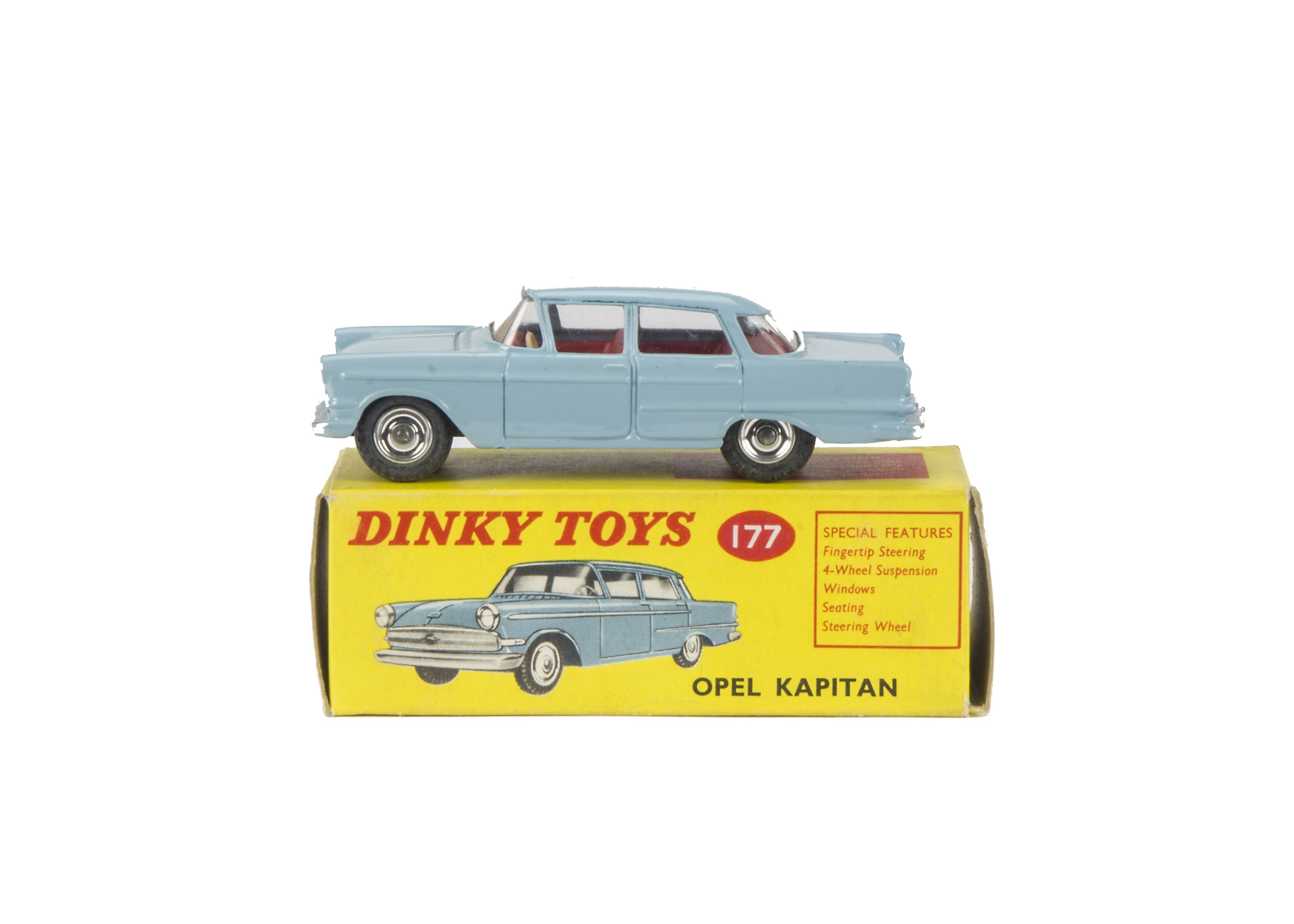A Dinky Toys 177 Opel Kapitan, light blue body, red interior, spun hubs, in original box, E, box VG