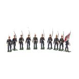 Mignot pre WW2 version Prussian Infantry, complete with officer, bugler and standard bearer (10), in