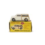 A Dinky Toys 197 Morris Mini Traveller, cream body, red interior, black gloss base, spun hubs, in