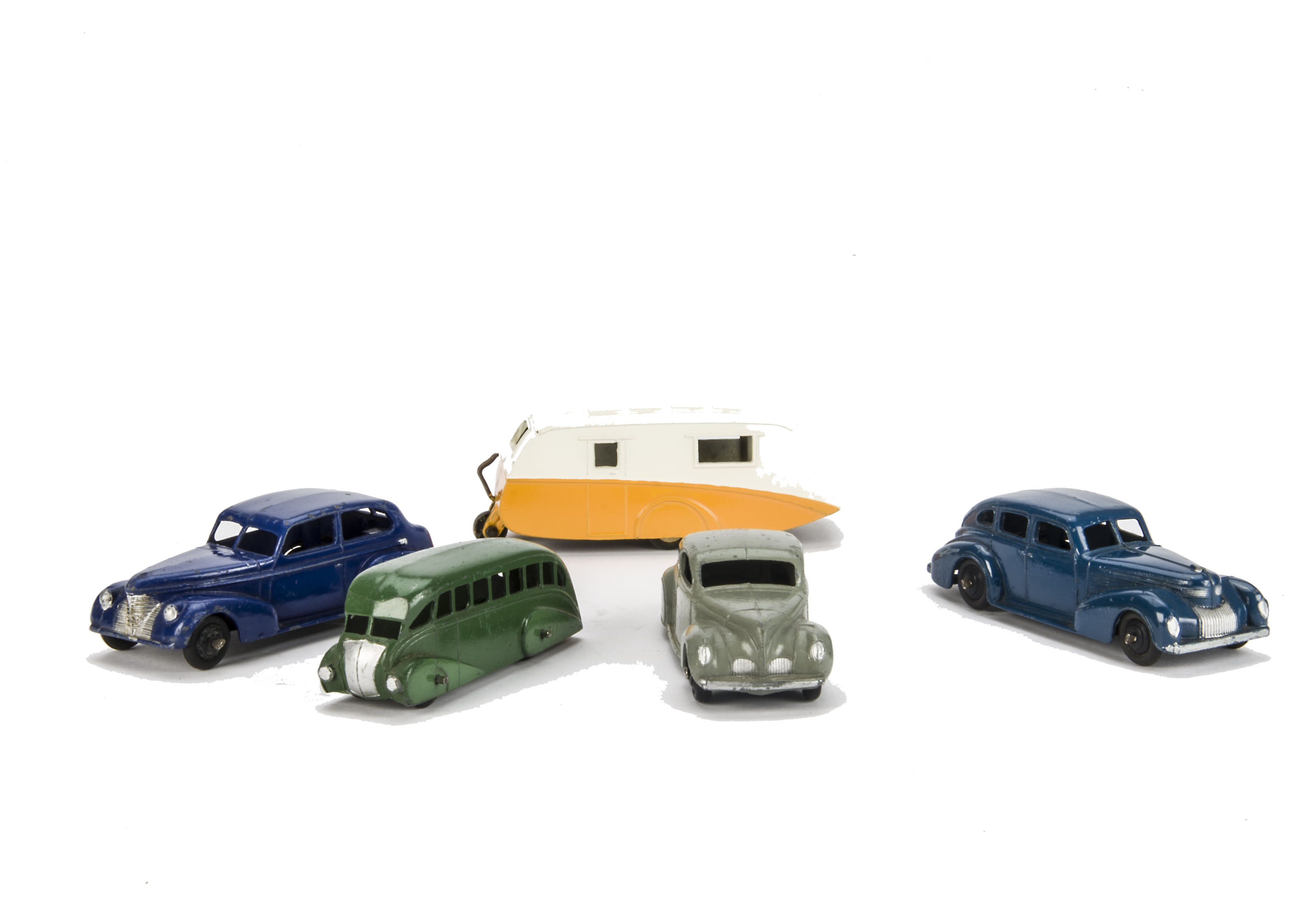 A Dinky Toys 39b Oldsmobile Sedan, violet blue body, black ridged hubs, F-G, 39e Chrysler Royal