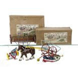 Olson Farminit Toys boxed large horse-drawn 2 wheel cart, G in G box, and boxed rake, missing horse,