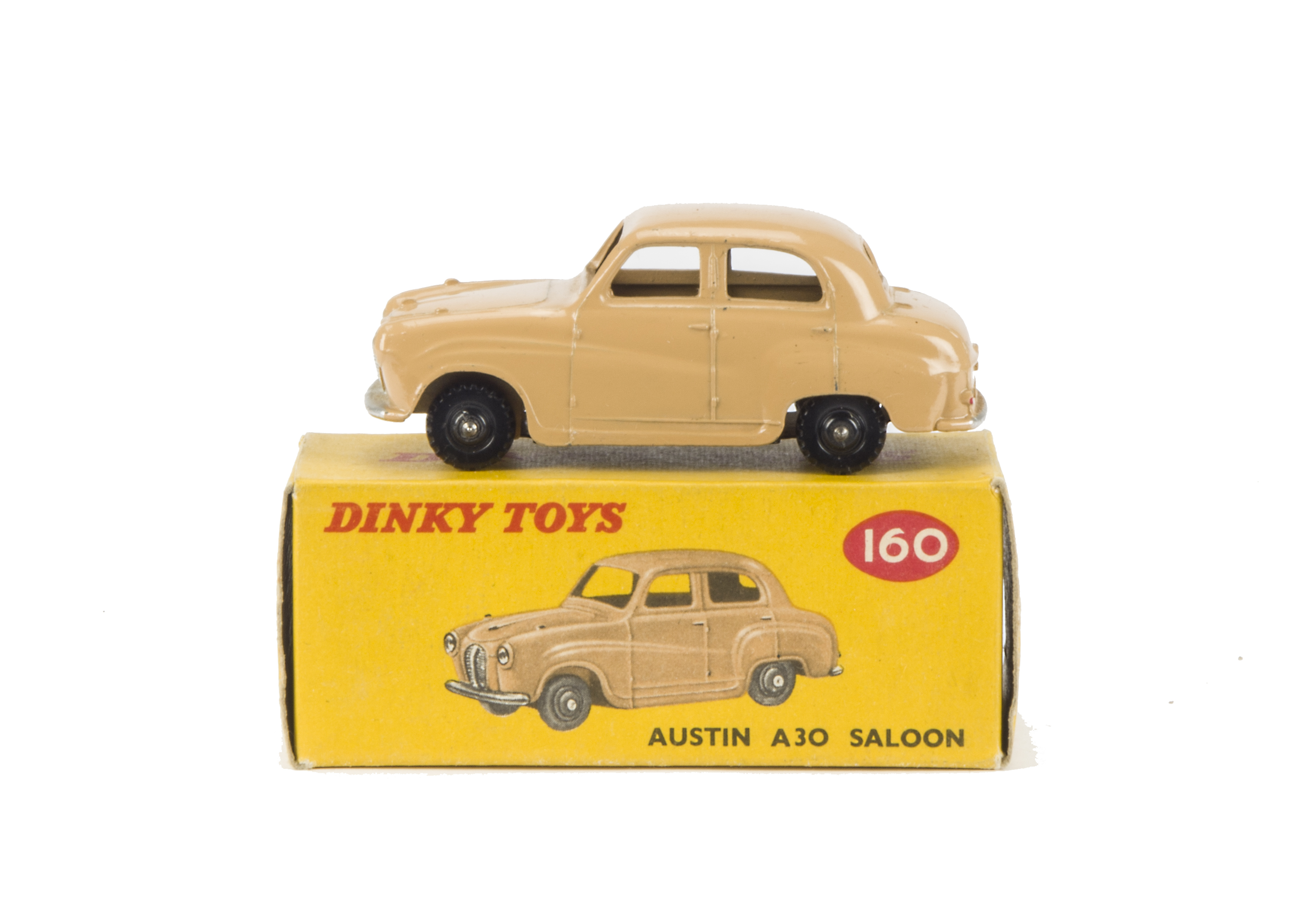 A Dinky Toys 160 Austin A30 Deluxe, scarce example with pale beige body and black plastic treaded