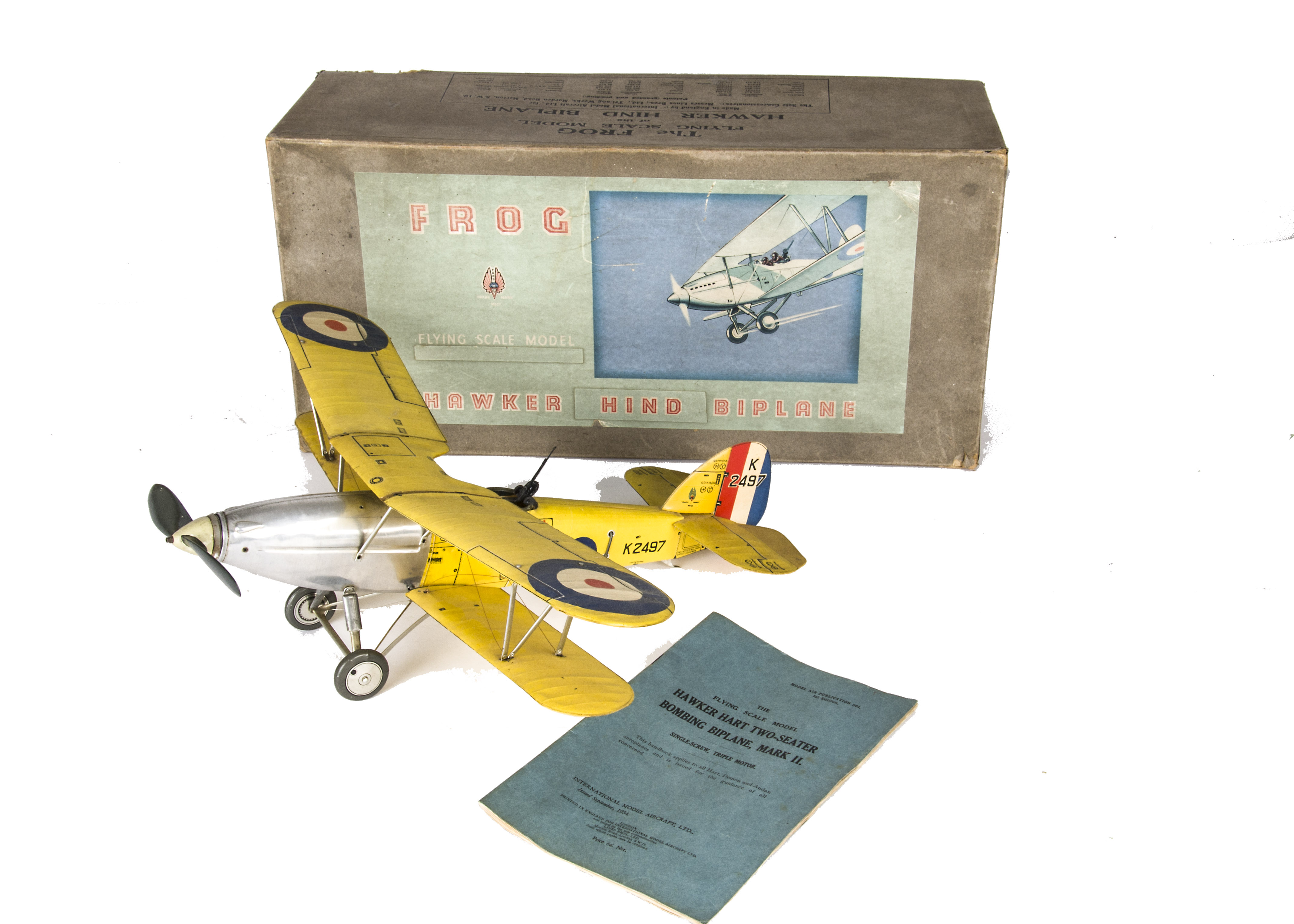 A very rare Frog flying scale model Hawker Hind Biplane RAF Trainer, finished in yellow and