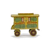 A Chad Valley Tinplate Biscuit Tin In The Form Of A Gypsy Caravan, detailed tin printed body with