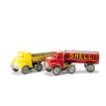 Mettoy Clockwork Articulated Lorries, Shell Petrol Tanker and Speedy Transport Contractors Truck,