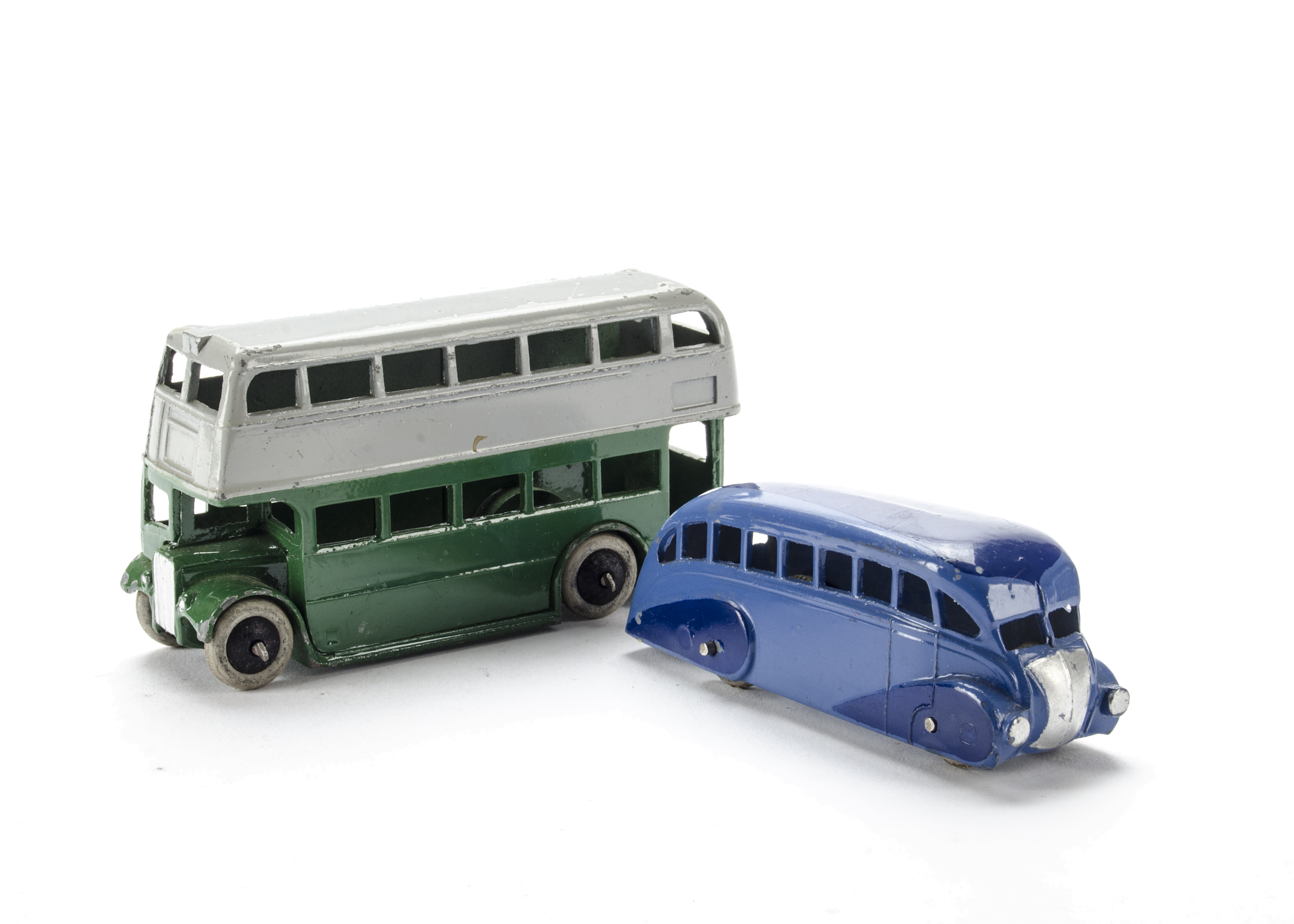 Early Post-War Dinky Toys 29b Streamlined Bus, two-tone blue body, open rear window, black smooth