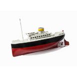 A Kellermann Single Funnel Tinplate Clockwork Liner, red and black hull, white decking and upper