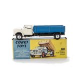 A Corgi Toys 483 Dodge Kew Fargo Tipper, white cab, blue tipper, spun hubs, in original box, E,