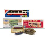 Tinplate Buses by various makers, recent issue Mettoy London Country green clockwork bus, Tonka Toys
