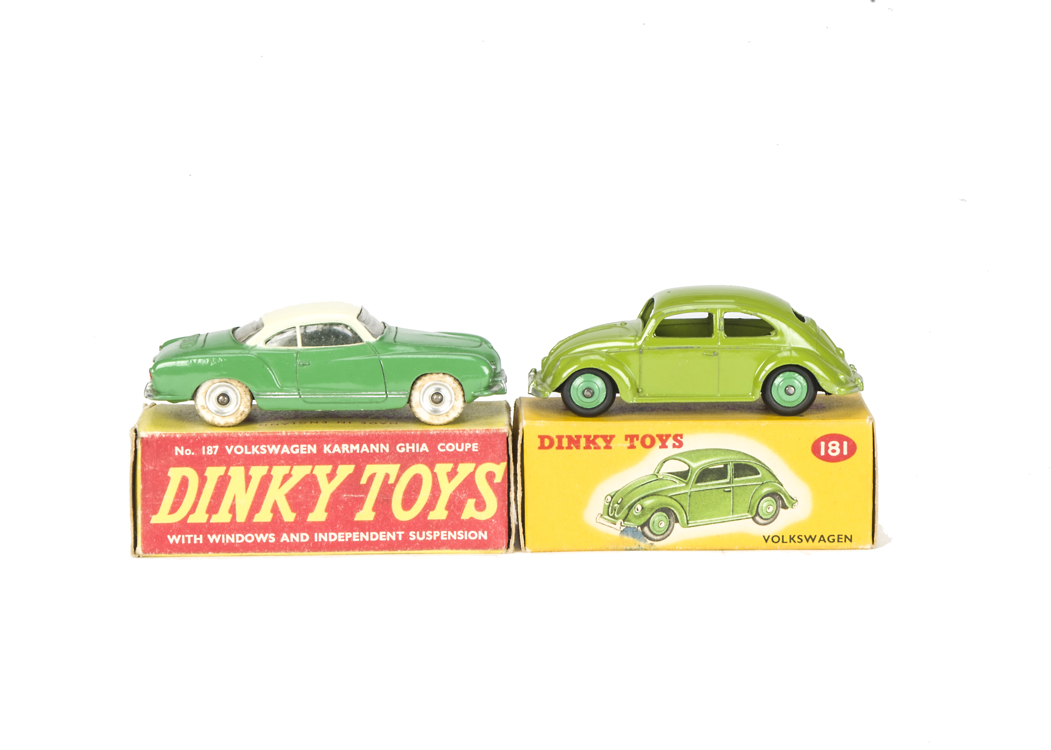 Volkswagen by Dinky Toys, 187 Volkswagen Karmann Ghia Coupe, green body, white roof, spun hubs,