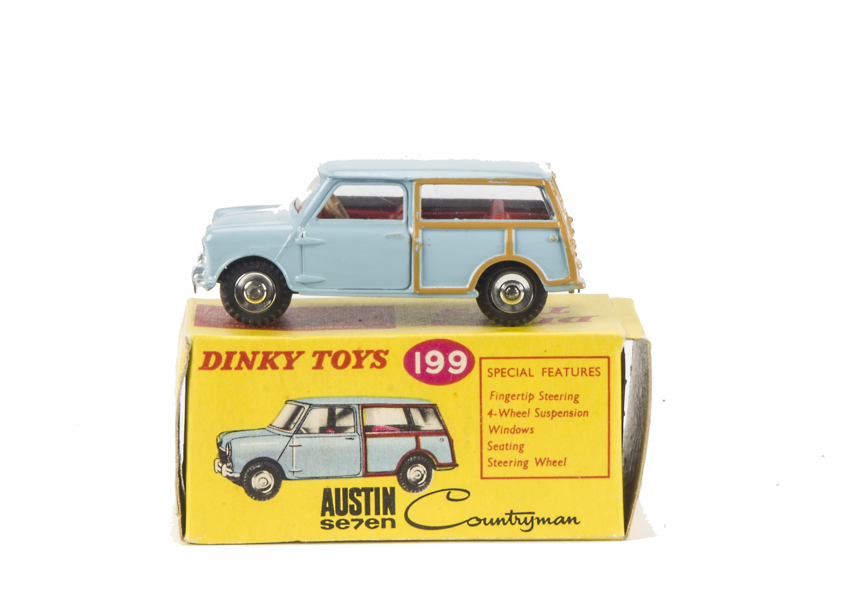A Dinky Toys 199 Austin 7 Countryman, light blue body, red interior, black gloss base, spun hubs, in