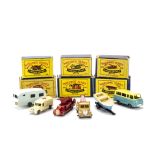 Matchbox Lesney 1-75 Series, 14a Ambulance, MW, 13a Bedford Wreck Truck, MW, 9a Dennis Fire